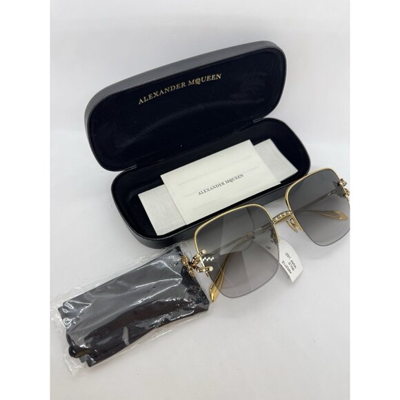 ALEXANDER MCQUEEN square women's sunglasses + hard case 57mm AM0371S Gold/Gray - Picture 11 of 13